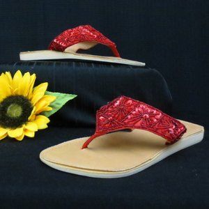 Red Hat Society Sandals Red Boho Floral Beaded Sequined Slip On Thongs Size 6.5